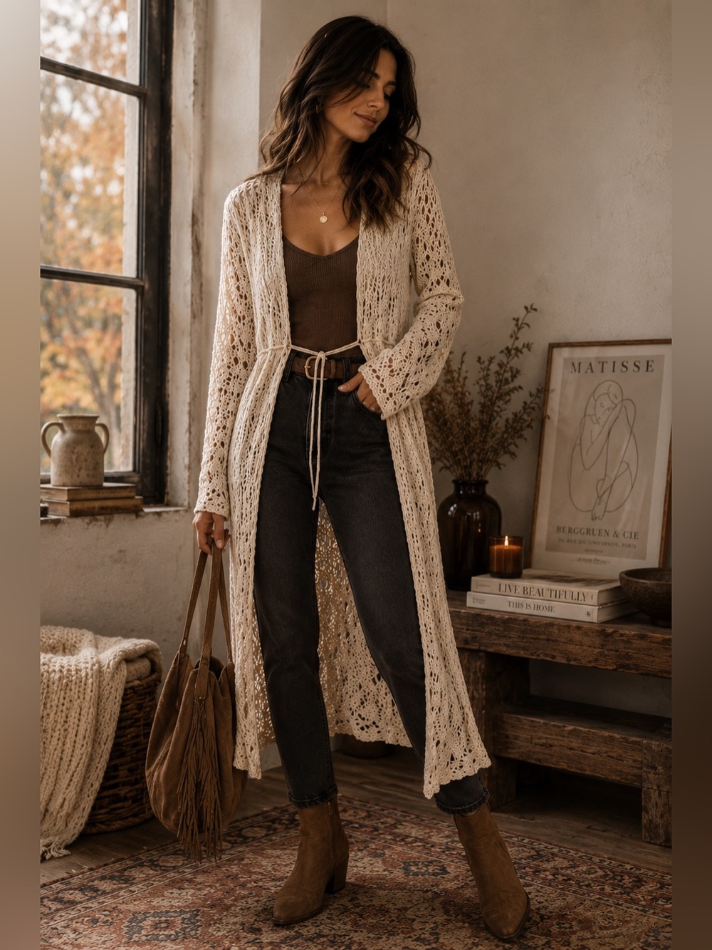 Free People Open-Knit Long Cardigan in Cream